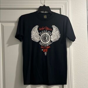 Harley-Davidson Black Tee with White Winged Wheel and Red Daytona '85 Accent